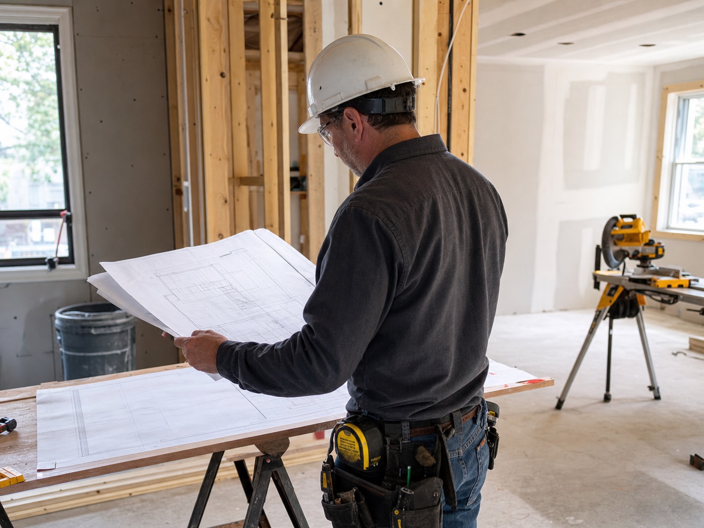 Construction professional reviewing project plans at a renovation site